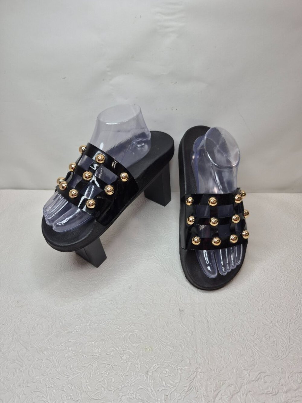 Charlotte Russe Women 10 Black Patent Leather Gold Studded Slip-On Slide Sandals